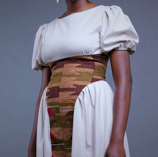 Basque midi modern dress dress made from Ghana kente and linen