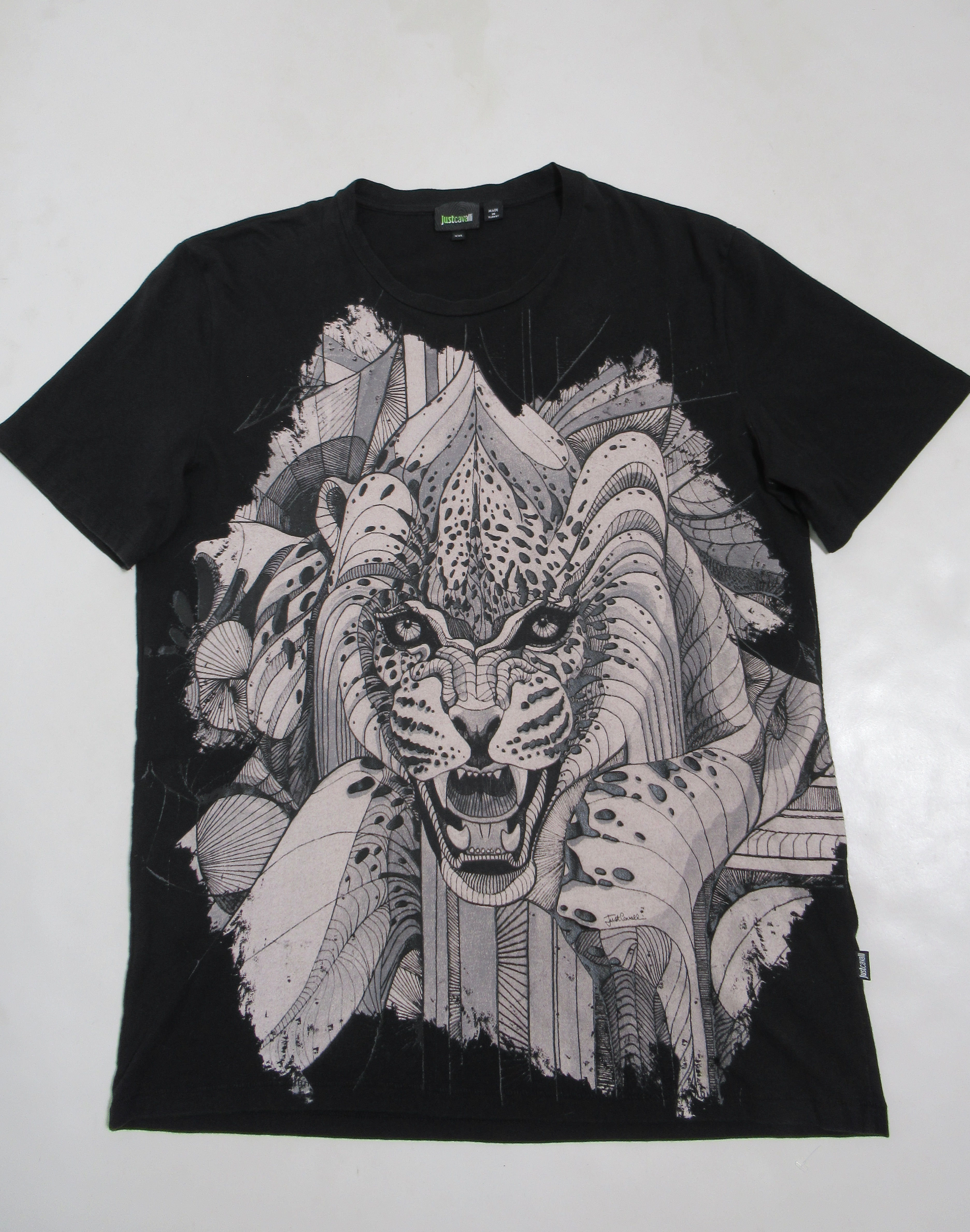 Just Cavalli Men's Crew Neck T-shirt Tiger Printed Black Size XXL Slim