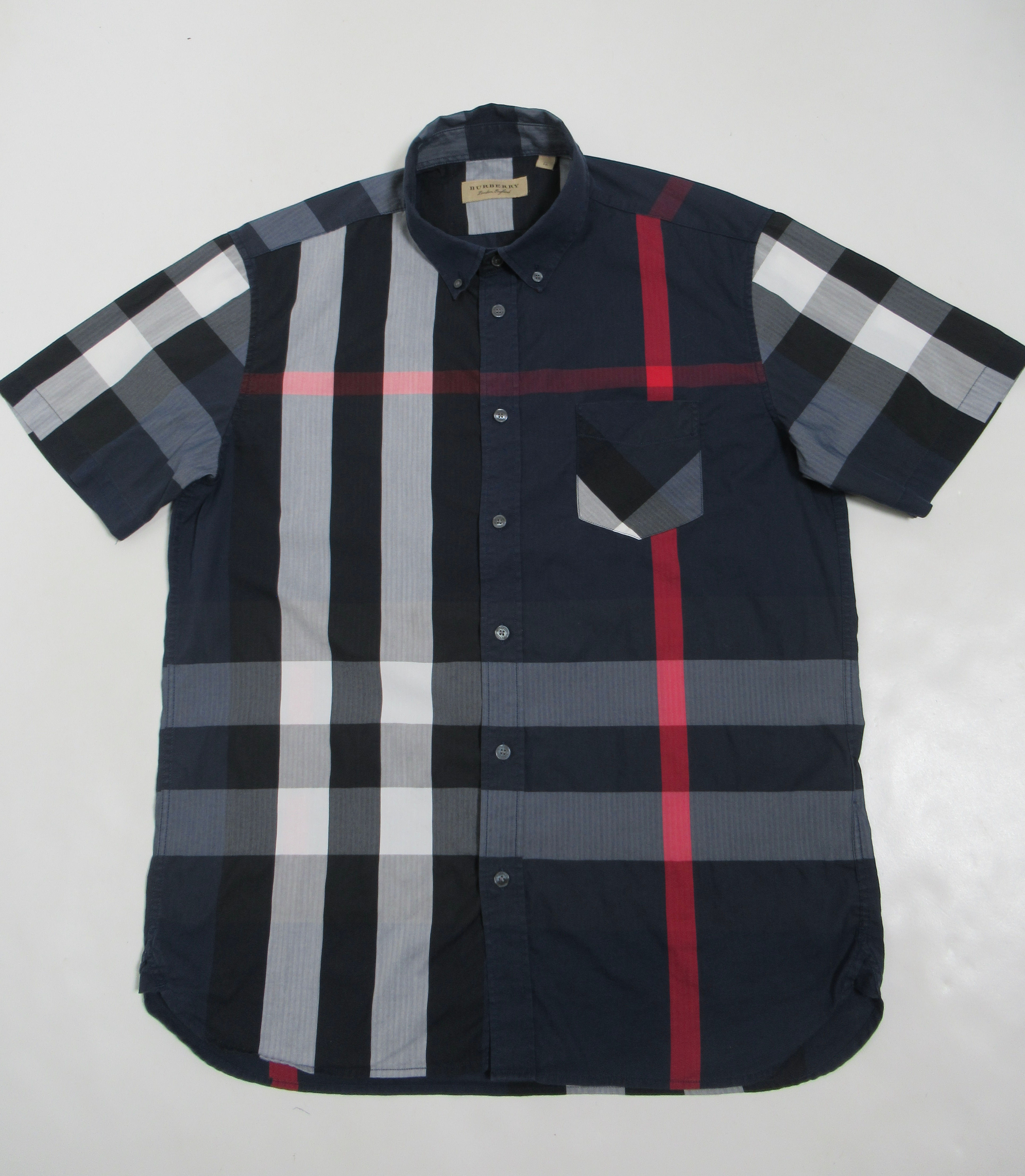 Burberry Men's Check Cotton Short Sleeve Shirt Navy Size XL