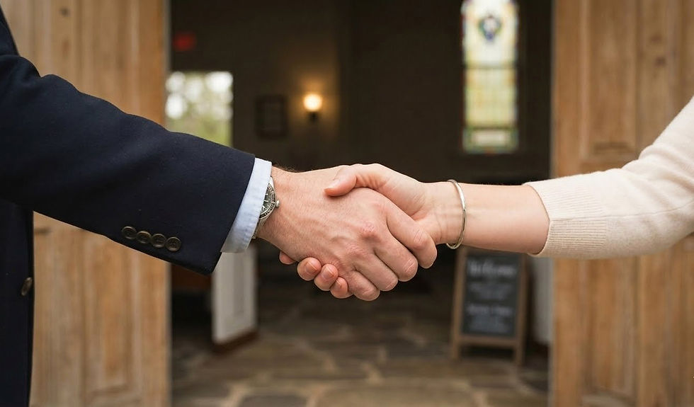 A man and woman shaking hands in front of a church entrance