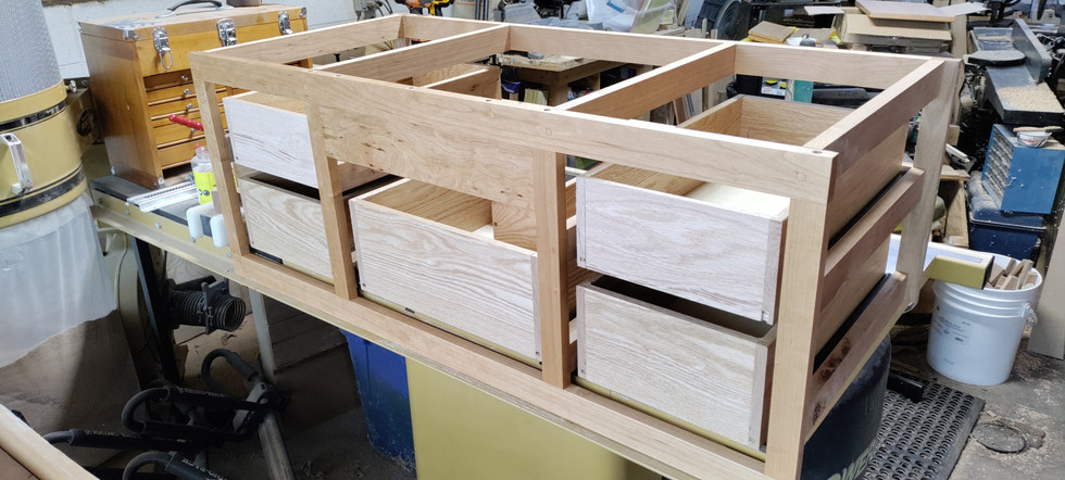 Assembled vanity with drawer boxes installed but not drawer faces