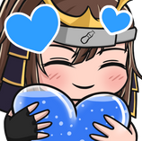 Twitch emote of a soda pop samurai holding a heart filled with blue fizzy soda, looking happy.