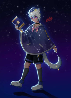 A catboy illustration in anime style. They wear a coat that is dotted with stars and has a beautiful galaxy pattern.