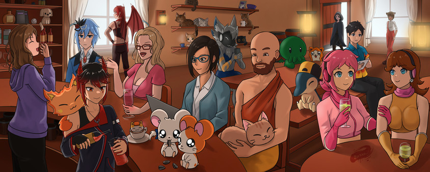 An illustrated banner of a tavern that showcases members of my community as their characters or mascots.