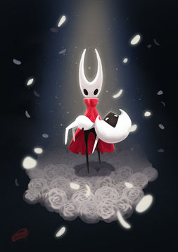 Illustrated painting of the characters from Hollow Knight: Silksong, where Hornet is carrying Lace and walking on a bed of white roses.