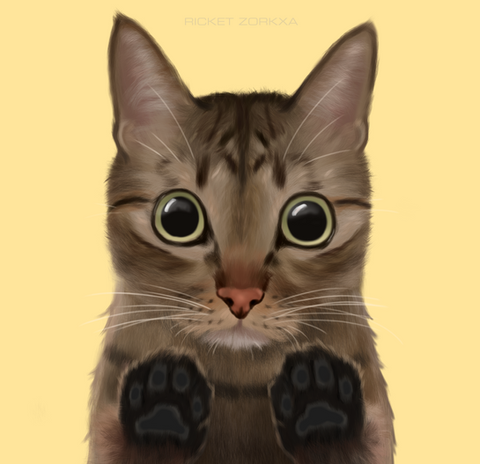 Semi-realistic pet portrait of a brown tabby cat with round eyes.