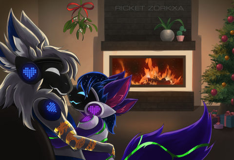 An illustration of two furry VRchat characters having a loving time at home during the festive season.