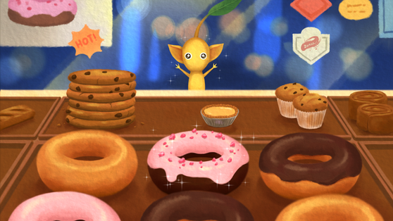 Watercolor digital illustration of a Pikmin looking at a donut in the bakery with sparkly eyes.