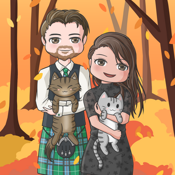 Chibi illustration of two characters in an autumn forest, each of them holding a cat