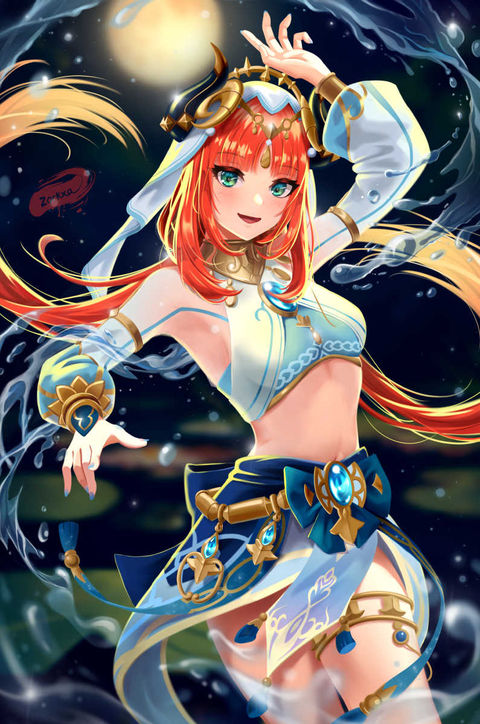A game character with orange-red hair dancing under the moonlight, splashing water merrily.