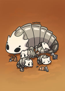 Cute illustration of creatures from the video game, Silksong, called Bell Beasts. This drawing depicts a mother Bell Beast with her beastlings.