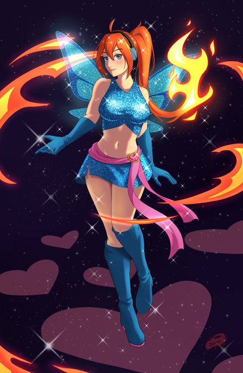 Illustration of Bloom from Winx Club with an original design twist, where she wears an alternate outfit and has a flaming ponytail.