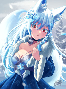 A character with fox ears and tail, clad in a fur coat, looking at the viewer with their striking red eyes and white eyelashes.