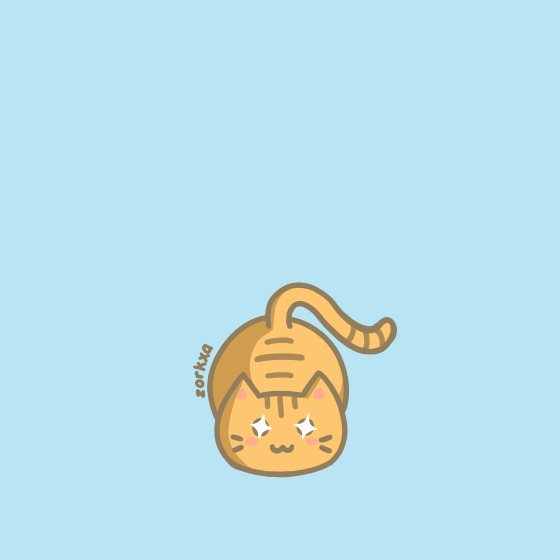 Animated GIF of an orange cat looking upwards with stars in its eyes, wagging its tail left and right.