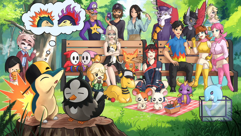 An art commission with many different characters, featuring the members of a Twitch community, in a park having fun.