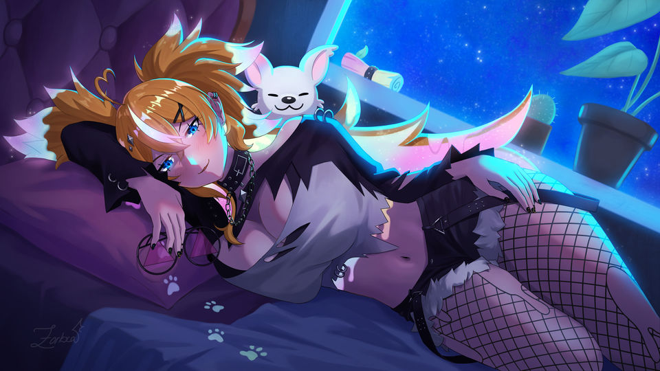 Illustration of the Vtuber, Arielle, lying on the bed at night looking sensually at the viewer. 