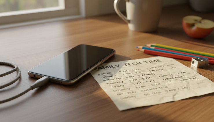 Close-up view of a phone charging on a kitchen counter beside a handwritten family schedule.