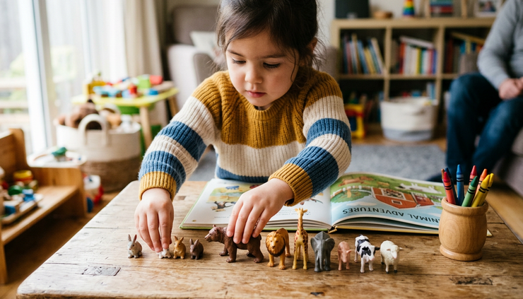 Close-up view of small hands sorting toy animals by size after watching a preschool learning show