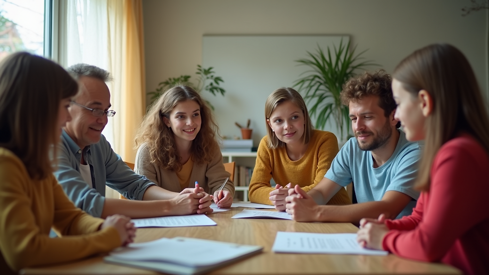 Eye-level view of a family engaged in a support group for autism awareness