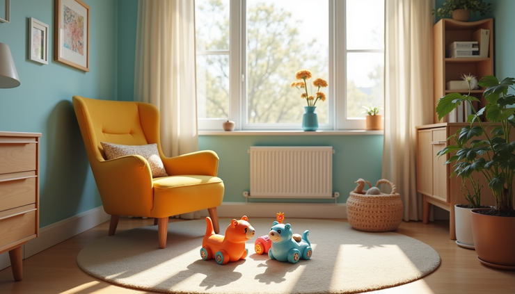 High angle view of a counselor’s office with a comfortable chair and toys