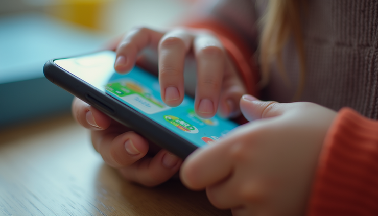 Close-up view of a child’s hand holding a smartphone with educational apps on the screen