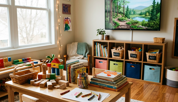 Wide-angle view of a colorful playroom with blocks, books, and a paused television screen