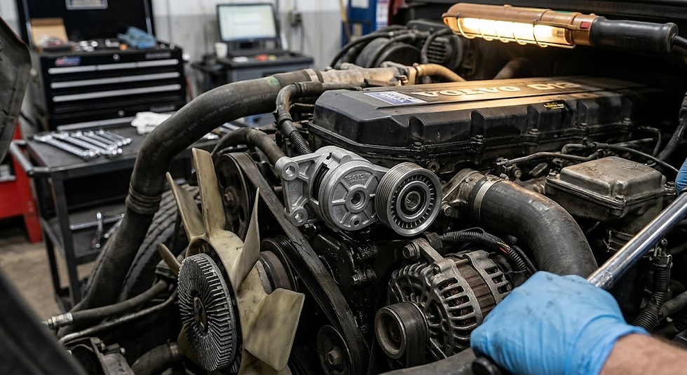 Dayco APV1151 belt tensioner fitted on a Volvo D13 engine