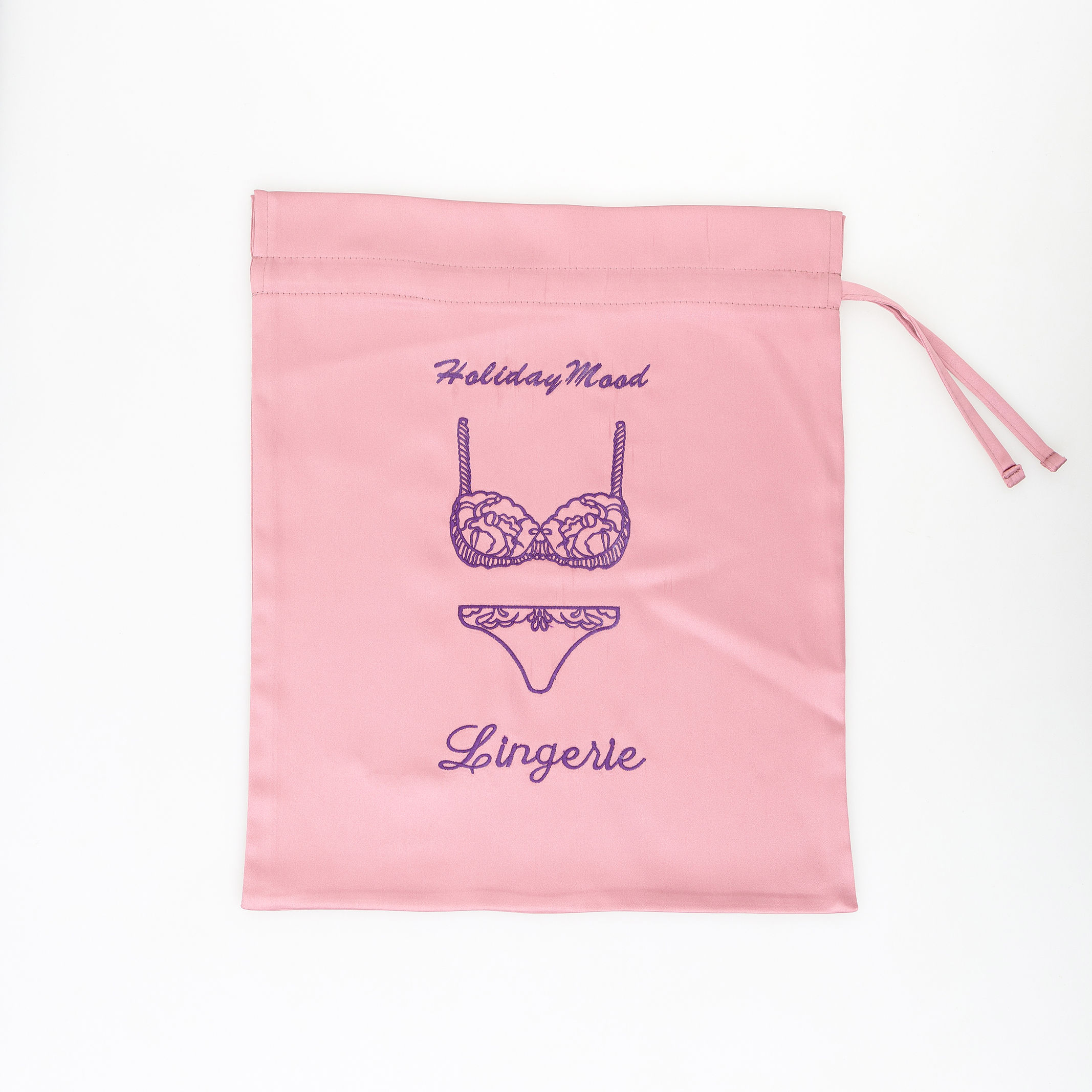 Embroidered Pink Satin Lingerie Bag