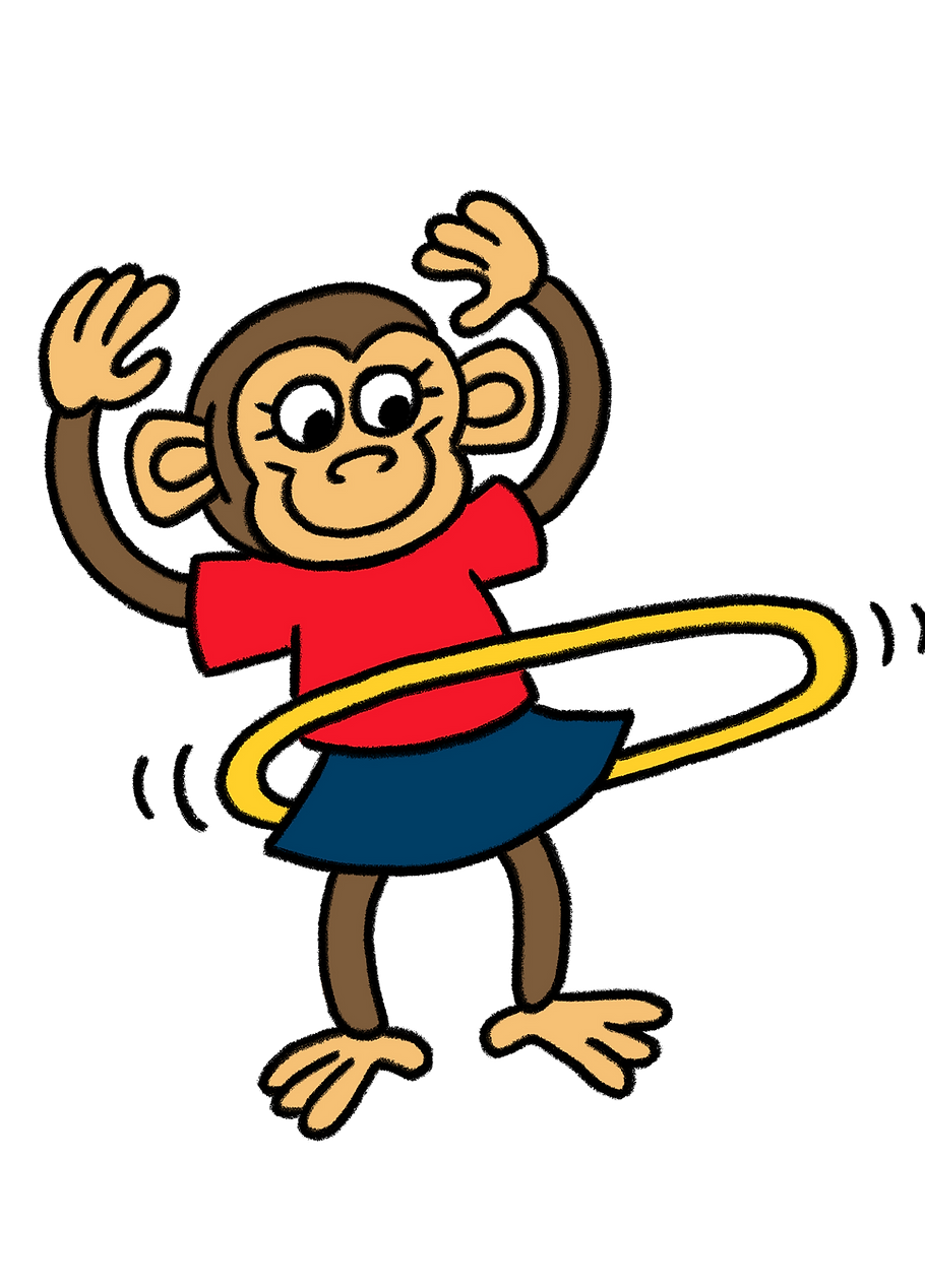 Cartoon monkey wearing a red shirt and hula hooping.