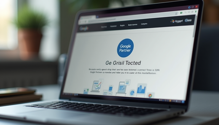 Close-up view of a laptop screen showing the Google Partner badge on an agency’s website