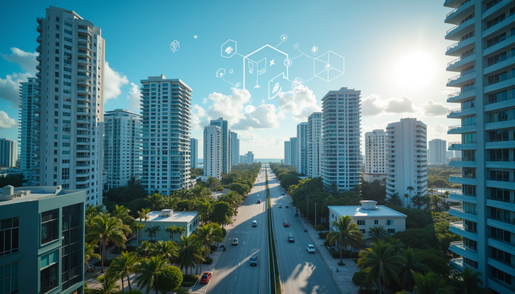 Eye-level view of a Miami cityscape with digital marketing icons floating above buildings
