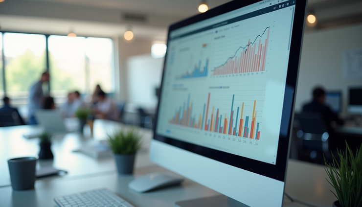 Eye-level view of a computer screen showing campaign analytics and charts