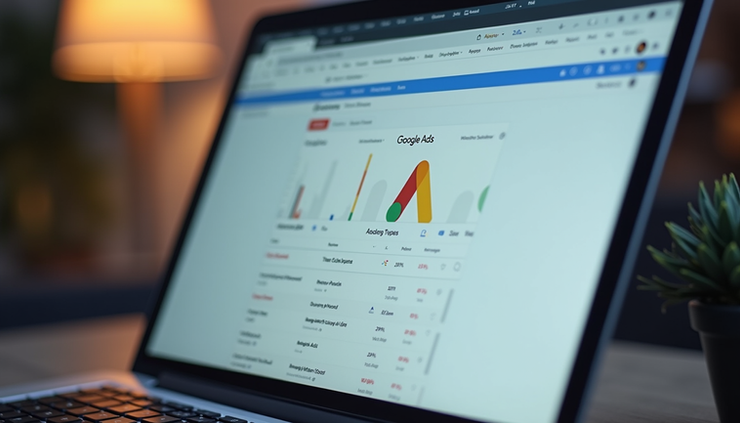 Eye-level view of a computer screen showing Google Ads dashboard with campaign options