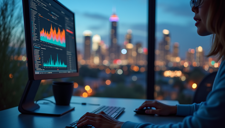 Eye-level view of a computer screen showing PPC campaign data with Phoenix cityscape in the background