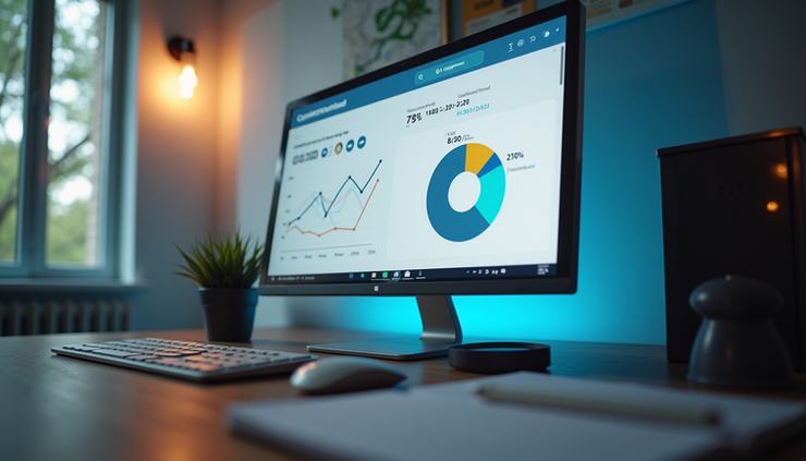 Vista a nivel de ojo de un escritorio con computadora y gráficos de rendimiento de campañas publicitarias