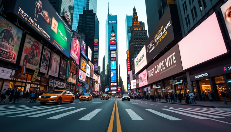Eye-level view of a busy New York City street with digital billboards and storefronts