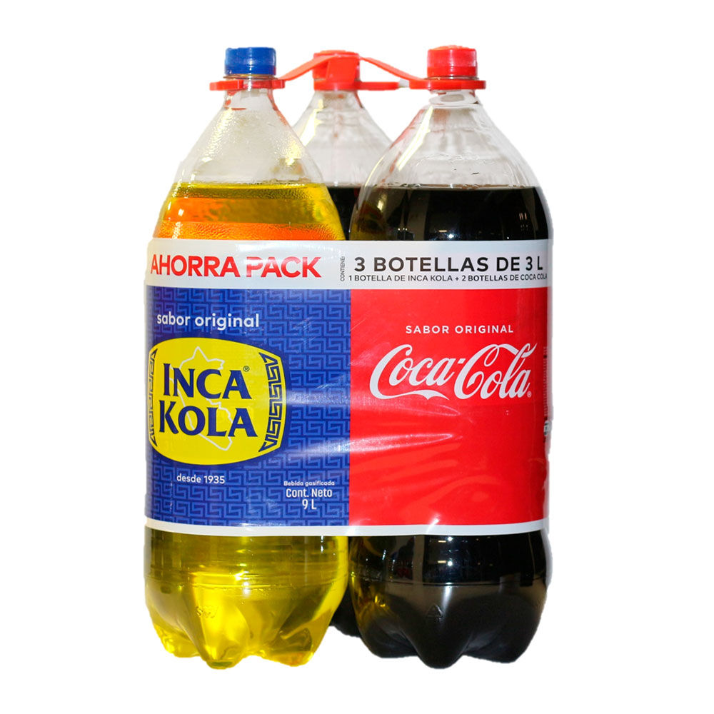 Tripack Gaseosa Coca Cola + Inca Kola Botella 3 L c/u