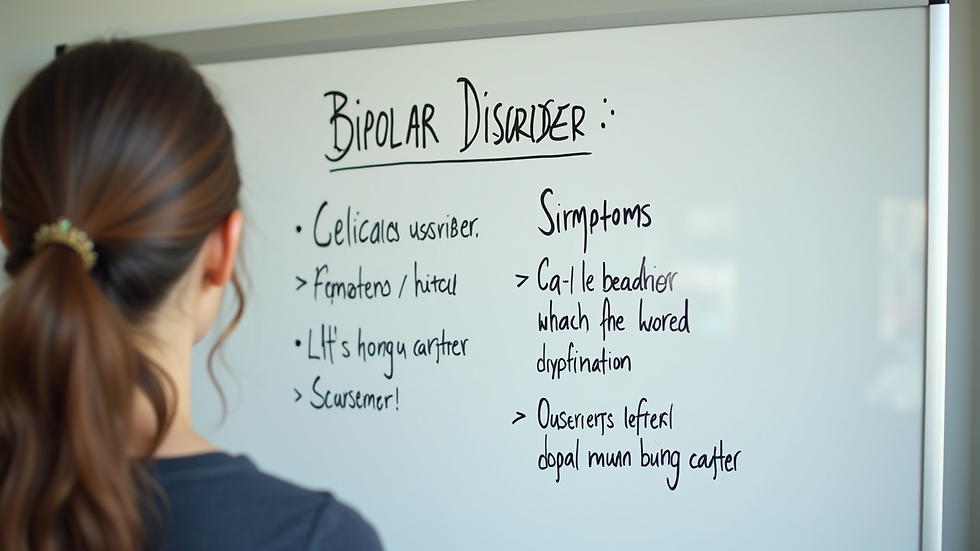 High angle view of a whiteboard with notes on bipolar disorder symptoms