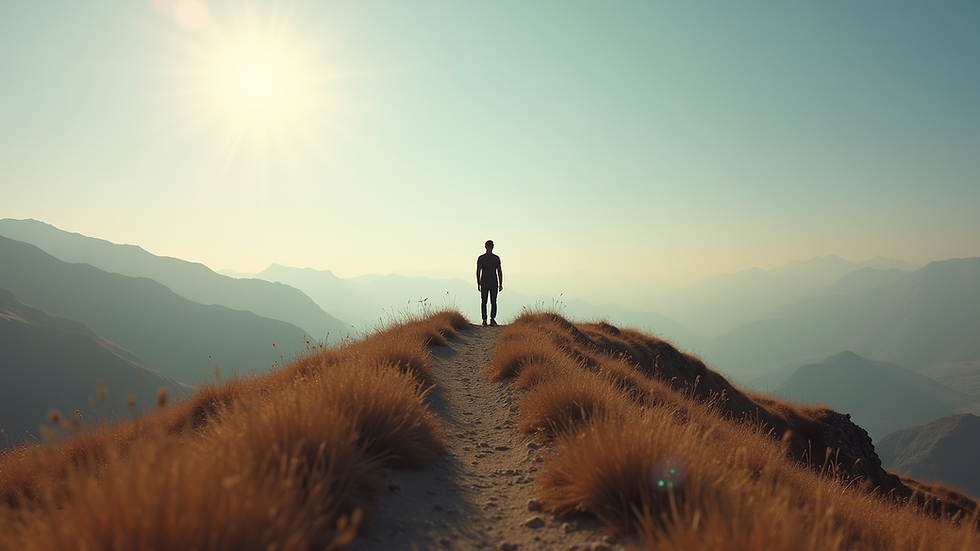 Eye-level view of a person standing confidently on a hilltop