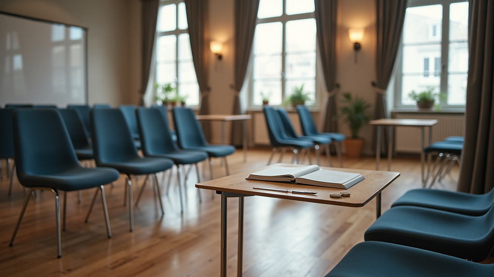 High angle view of a training room set up with chairs and hypnotherapy materials