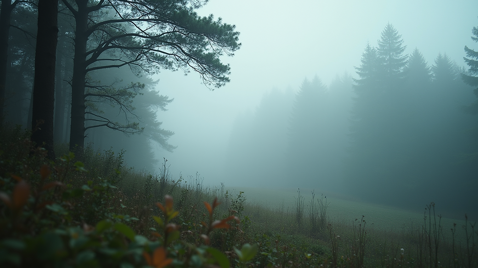 Close-up of a peaceful scenic view of a misty forest