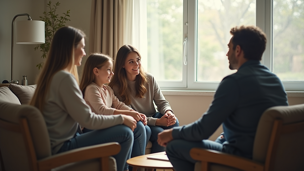 Eye-level view of a family sitting together in a therapy session