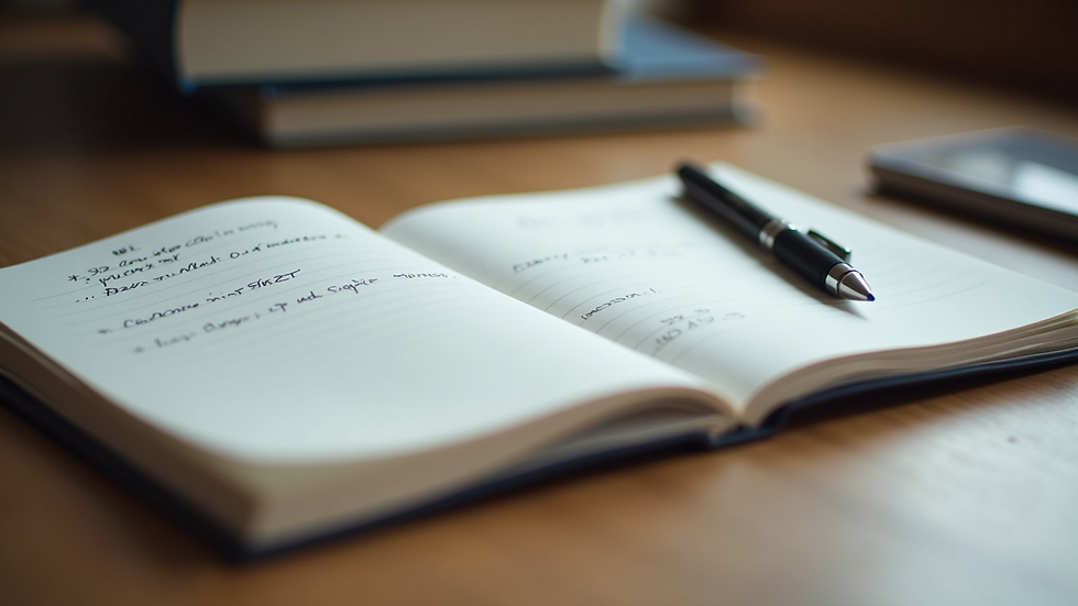 Close-up view of a notebook with handwritten notes and a pen on a wooden desk
