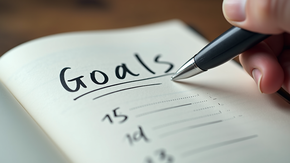 Close-up view of a notebook with handwritten goals and a pen