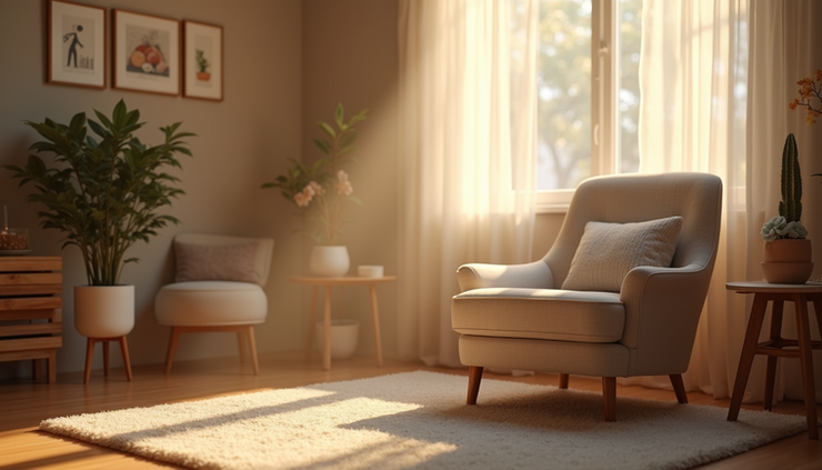 Eye-level view of a calm therapy room with a comfortable chair and soft lighting