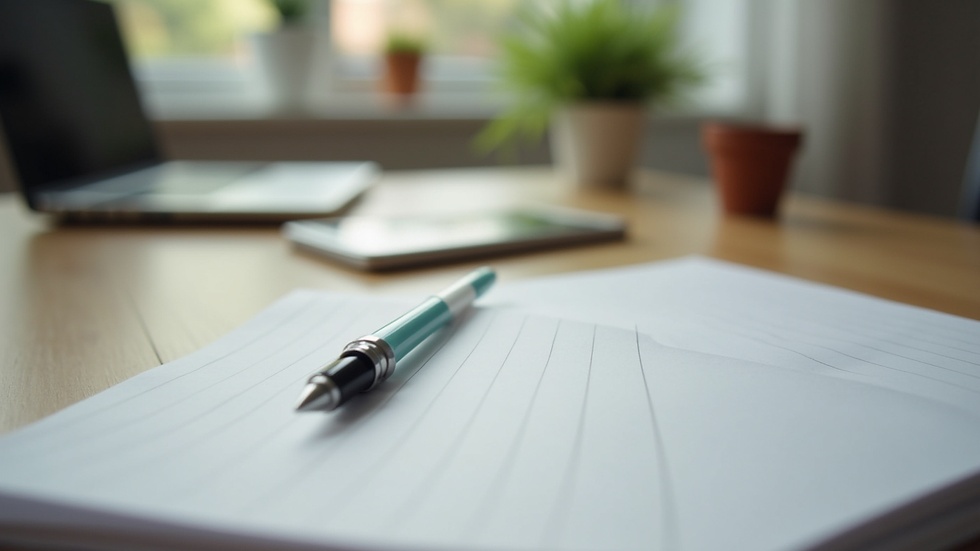 Close-up view of a notebook and pen on a therapy desk ready for a session