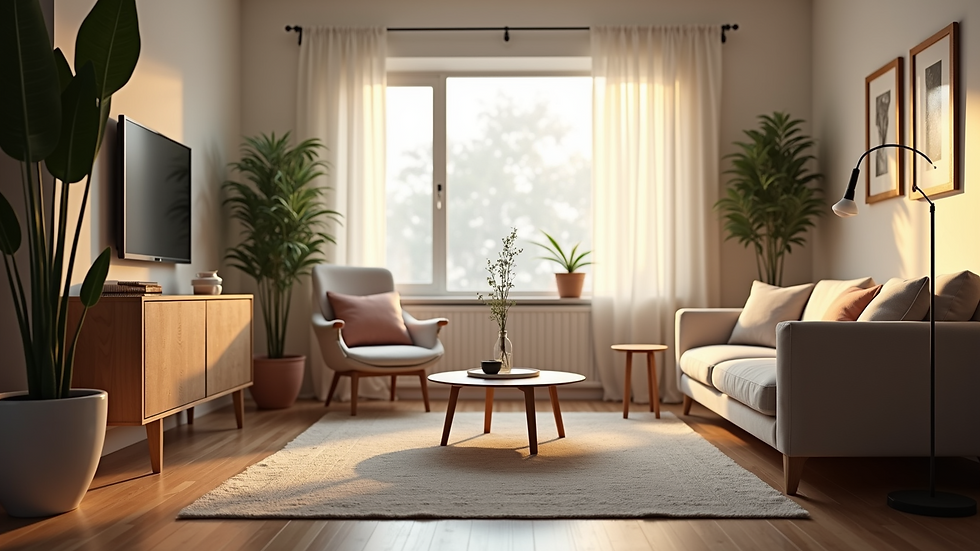 Eye-level view of a calm living room with soft lighting