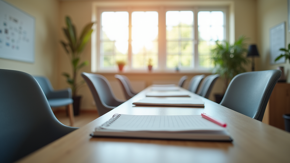 Close-up view of a peaceful therapy training classroom with chairs and notebooks