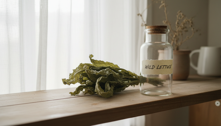 Wide-angle view of dried wild lettuce leaves beside a labelled glass jar on a kitchen shelf.
