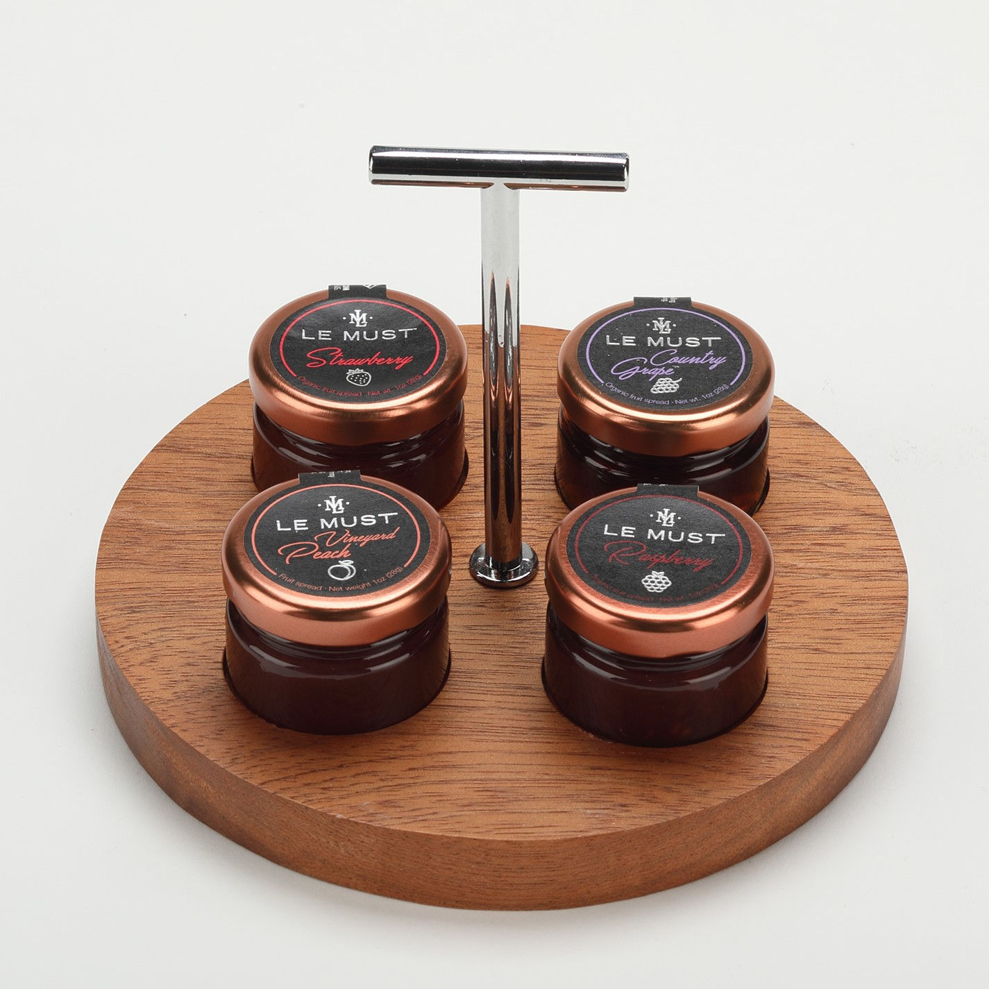 Circular Wooden Displays, 4 pockets with T-Shaped Silver Handle